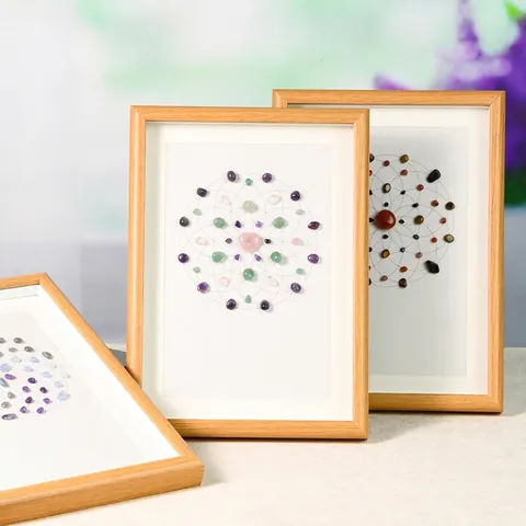 Natürliche Kristallgitter Mandala Wandkunst Dekor Massivholzrahmen Spirituelle Heilung Meditation Stein Mandala Bild Haus Geschenk