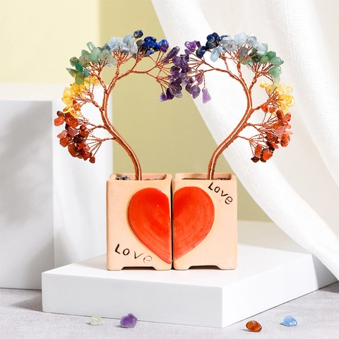 Arbre de Cristal Naturel Fait Main Bonsaï Forme de Cœur Améthyste Quartz Rose Fil de Cuivre Ornement de Mariage