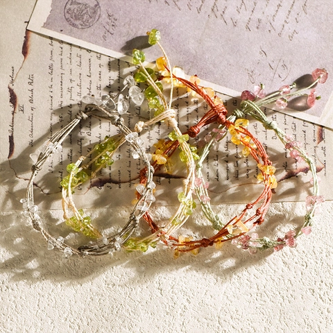 Natürliches Kristall Splitter Armband Damen Handgefertigt Geflochten Peridot Citrin Erdbeerquarz Bergkristall Verstellbar Boho Schmuck