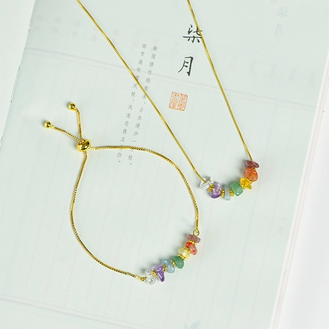 Bohemian Natural Crystal Chip Stone Necklace Bracelet Chakra Colors Gold Silver Plated Adjustable Jewelry For Women Gift