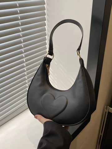 Women Heart Embossed PU Leather Crescent Underarm Bag Niche Design Solid Color Half Moon Shoulder Purse