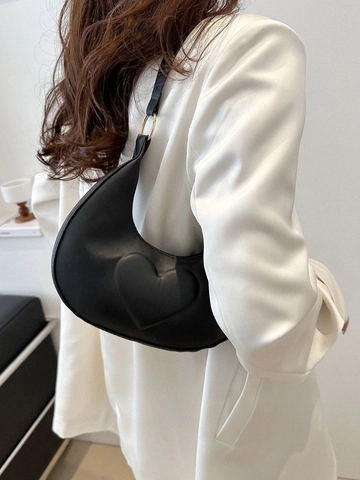 Women Heart Embossed PU Leather Crescent Underarm Bag Niche Design Solid Color Half Moon Shoulder Purse