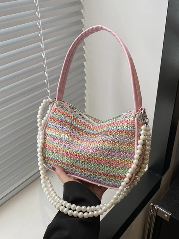 Woven Straw Underarm Bag With Butterfly Embroidery And Artificial Pearl Chain Bohemian Summer Fashion Handbag For Women