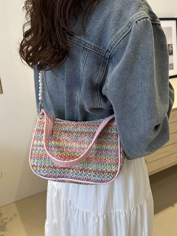 Woven Straw Underarm Bag With Butterfly Embroidery And Artificial Pearl Chain Bohemian Summer Fashion Handbag For Women
