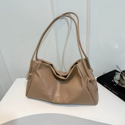 Minimalist Soft PU Leather Tote Bag For Women Large Capacity Shoulder Bag With Embossed Letters And Side Knot Detail