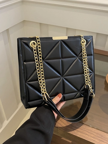Women Large Capacity Quilted Shoulder Bag Geometric Triangle Pattern Synthetic Leather Tote Bag With Gold Chain Strap