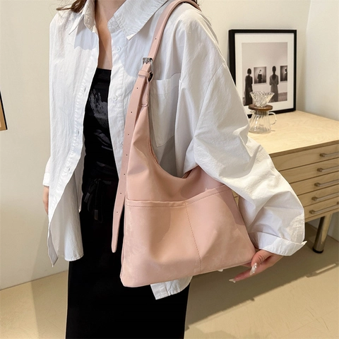 Bolso Hobo de Cuero PU de Gran Capacidad para Mujer Bolso Tote de Hombro Minimalista Color Sólido Doble Bolsillo para Oficina
