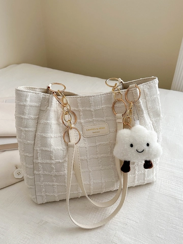 Getextureerde Tweed Tote Bag Grote Capaciteit Schoudertas Met Kettingriem En Schattige Pluche Wolkenhanger Voor Dames Chique Handtas