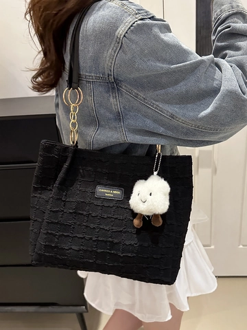 Getextureerde Tweed Tote Bag Grote Capaciteit Schoudertas Met Kettingriem En Schattige Pluche Wolkenhanger Voor Dames Chique Handtas