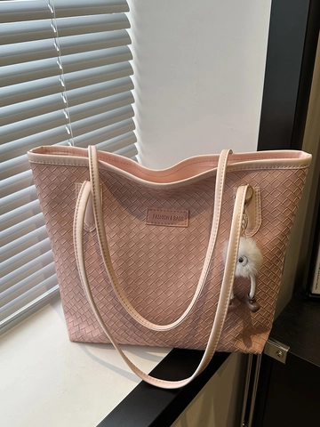 Gewebte Tragetasche Mit Großer Kapazität PU Leder Schulterhandtasche Mit Süßem Plüsch Monster Anhänger Für Damen
