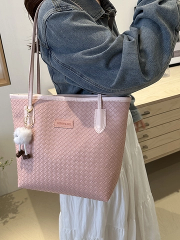 Gewebte Tragetasche Mit Großer Kapazität PU Leder Schulterhandtasche Mit Süßem Plüsch Monster Anhänger Für Damen