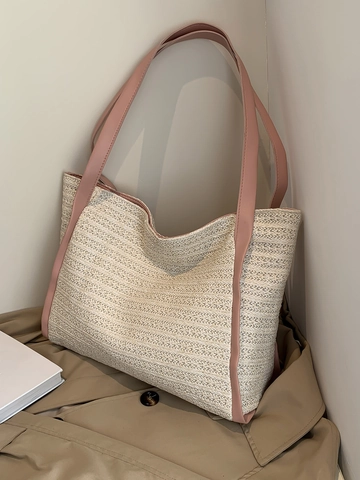 Large Capacity Straw Woven Tote Bag For Women Summer Beach Vacation Handwoven Shoulder Bag With PU Leather Straps Casual