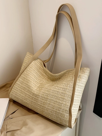 Large Capacity Straw Woven Tote Bag For Women Summer Beach Vacation Handwoven Shoulder Bag With PU Leather Straps Casual