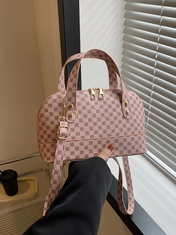 Women Vintage PU Leather Shell Bag Geometric Monogram Print Shoulder Bag With Gold Hardware Double Handle Crossbody Bag