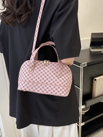 Women Vintage PU Leather Shell Bag Geometric Monogram Print Shoulder Bag With Gold Hardware Double Handle Crossbody Bag