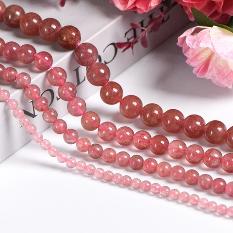 Natural Strawberry Quartz Round Beads Pink Crystal Stone For DIY Jewelry Making Bracelet Necklace Beading Accessories