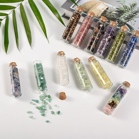Natural Gemstone Crystal Specimen Mini Wishing Bottle Glass Jar Crushed Stone Home Decor Office Ornament Meditation Healing Stone