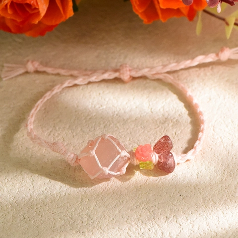 Bracelet Tressé Main Pierre Brute Cristal Naturel Ajustable Quartz Rose Améthyste Citrine Fluorite Fleur Feuille Bijoux Bohème Femmes