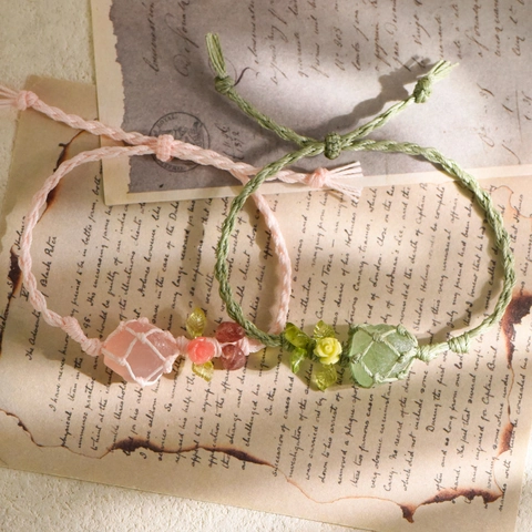 Bracelet Tressé Main Pierre Brute Cristal Naturel Ajustable Quartz Rose Améthyste Citrine Fluorite Fleur Feuille Bijoux Bohème Femmes