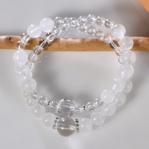 Set di Braccialetti a Doppio Filo in Cristallo di Rocca Fantasma Bianco Naturale Con Distanziatori in Strass Placcati Argento per Donna Gioielli Vintage Minimalisti