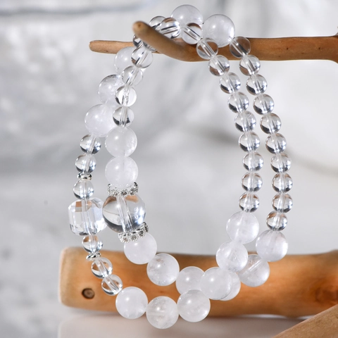 Set di Braccialetti a Doppio Filo in Cristallo di Rocca Fantasma Bianco Naturale Con Distanziatori in Strass Placcati Argento per Donna Gioielli Vintage Minimalisti