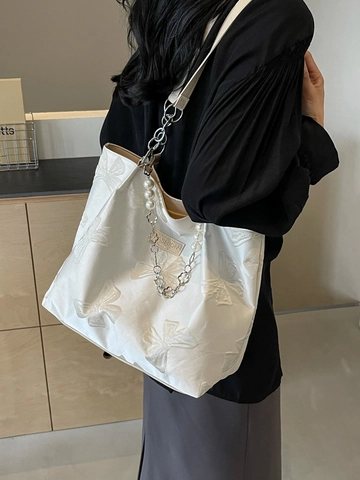 Borsa Tote da Donna alla Moda con Jacquard a Fiocco Grande Capacità in Tessuto di Raso con Decorazione di Catena di Künstliche Perle