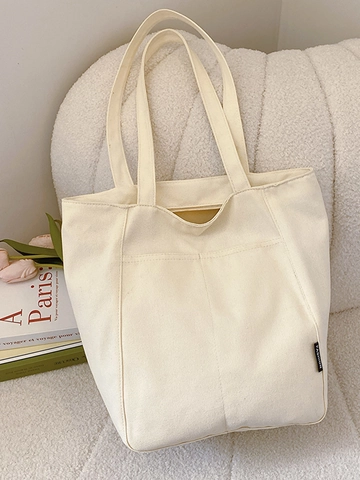 Large Capacity Canvas Tote Bag For Women Korean Style Minimalist Daily Commuter Shoulder Bag Solid Color Handbag With Outer Pocket