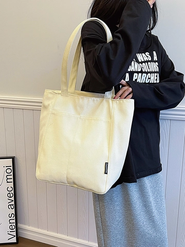 Large Capacity Canvas Tote Bag For Women Korean Style Minimalist Daily Commuter Shoulder Bag Solid Color Handbag With Outer Pocket