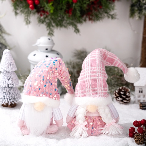 Décorations en Peluche de Gnome de Noël Rose Avec Chapeau en Tricot à Paillettes Poupée Sans Visage Père Noël Élan Ornements pour Table Bureau Fête Maison