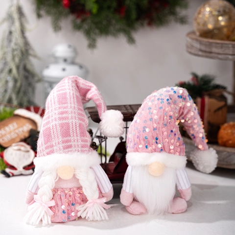 Rosa Weihnachts-Zwerg Plüschpuppe Mit Pailletten Karierter Strickmütze Gesichtsloser Gonk Ornamente Für Feiertag Zuhause Dekoration