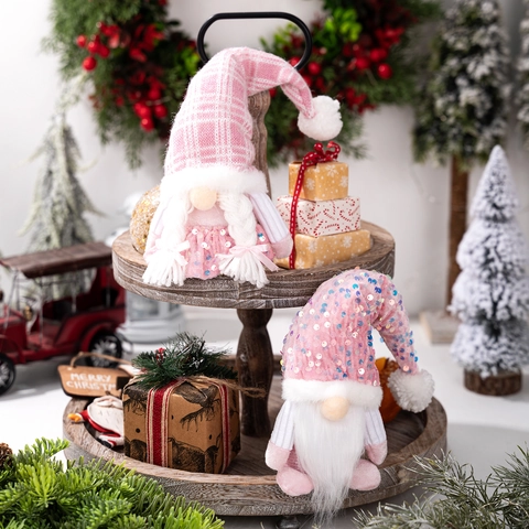 Rosa Weihnachts-Zwerg Plüschpuppe Mit Pailletten Karierter Strickmütze Gesichtsloser Gonk Ornamente Für Feiertag Zuhause Dekoration