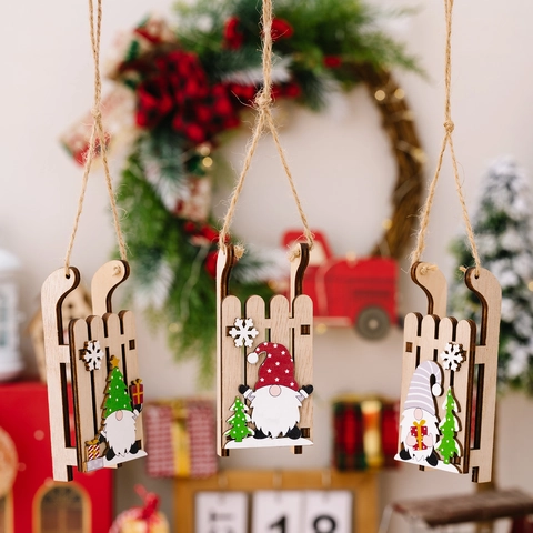 Weihnachten Holz Schlitten Hängende Verzierung Mit Gnom Weihnachtsbaum Schneeflocke Muster Rustikale Feiertag Baum Dekor