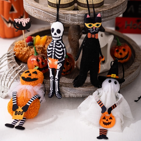 Halloween Plush Hanging Charms Pumpkin Ghost Black Cat Skeleton Fabric Mesh Ornaments For Home Party Festival Decor Gift