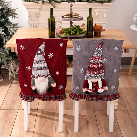Christmas Gnome Chair Back Covers Linen Fabric Snowflake Embroidery Ruffled Plaid Trim Holiday Dining Decor Nordic