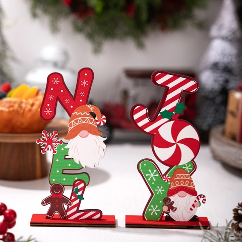 Christmas Wooden Gingerbread Man Gnome Desktop Ornament NOEL JOY Letter Color Printed Table Decoration Party Holiday Gift