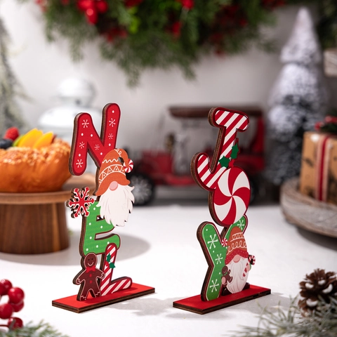 Christmas Wooden Gingerbread Man Gnome Desktop Ornament NOEL JOY Letter Color Printed Table Decoration Party Holiday Gift