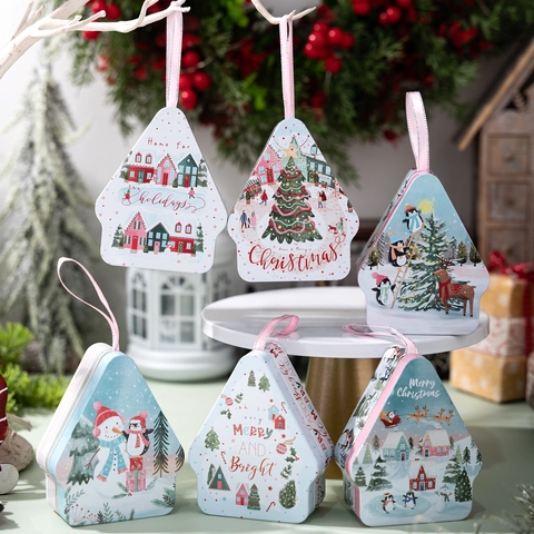 Scatola Di Caramelle Regalo Di Natale In Latta Forma Casa Albero Con Manico In Nastro Di Raso Ornamento Appeso Decorazione