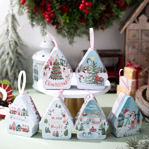 Scatola Di Caramelle Regalo Di Natale In Latta Forma Casa Albero Con Manico In Nastro Di Raso Ornamento Appeso Decorazione