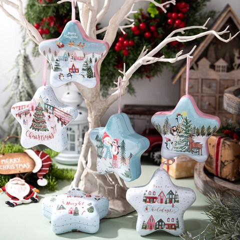 Star Shaped Christmas Tinplate Gift Box With Satin Ribbon Hanging Loop Cartoon Santa Snowman Penguin Pattern Holiday Candy Storage Jar