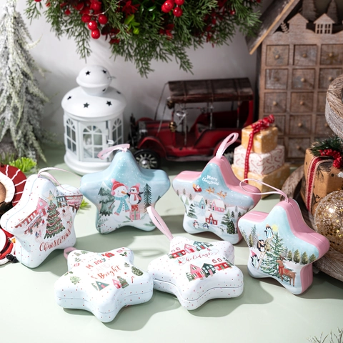 Weihnachten Stern Weißblech Box Mit Satinband Cartoon Schneemann Pinguin Rentier Druck Süßigkeiten Geschenk Aufbewahrungsbox Deko