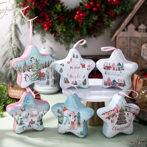 Weihnachten Stern Weißblech Box Mit Satinband Cartoon Schneemann Pinguin Rentier Druck Süßigkeiten Geschenk Aufbewahrungsbox Deko