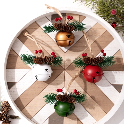 Kerstbel Hangers Metaal Met Dennenappel Dennennaald Bessen Hennep Touw Ster Uitsparing Rustieke Vakantie Decoratie