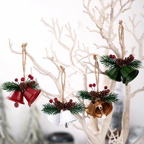 Christmas Bell Ornament Double Bells With Artificial Pine Needles Pine Cone Red Berries Hemp Rope Hanging For Christmas Tree Holiday Home Decor
