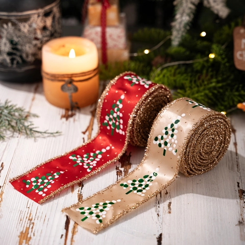 Christmas Tree Printed Satin Ribbon With Glitter Wired Edge For Xmas Tree Garland Decoration Gift Wrapping Home Decor