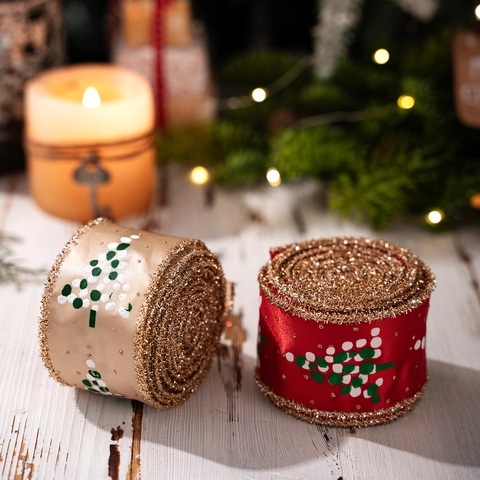 Christmas Tree Printed Satin Ribbon With Glitter Wired Edge For Xmas Tree Garland Decoration Gift Wrapping Home Decor