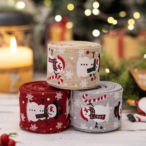 Ruban Noël Bonhomme De Neige À Bord Filaire Faux Lin Ruban Décoratif Pour Sapin Couronne Emballage Cadeau DIY Motif Flocon