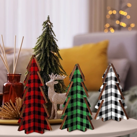 Albero di Natale in Legno 3D Ornamenti da Tavolo Quadri Buffalo Motivi a Pois per Arredamento Natalizio Moderno Rustico