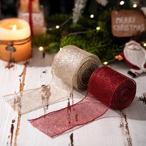 Weihnachtsnetzband Glitzer Metallic Drahtkante Sackleinenstil Für Baumschmuck Geschenkverpackung Schleifenbasteln Dekor