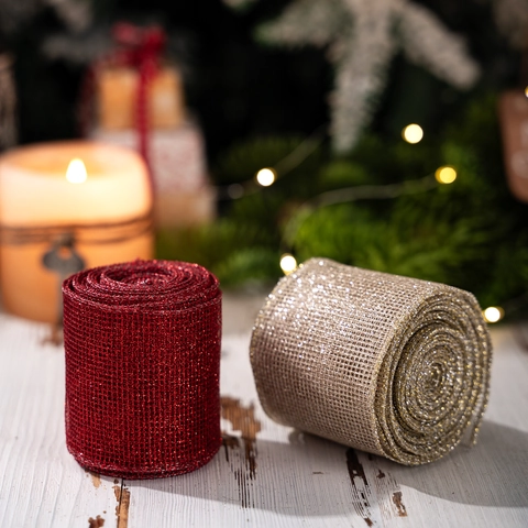 Weihnachtsnetzband Glitzer Metallic Drahtkante Sackleinenstil Für Baumschmuck Geschenkverpackung Schleifenbasteln Dekor