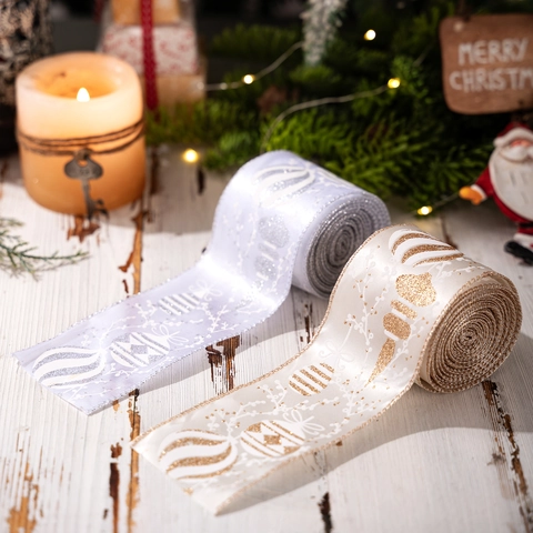 Cinta para Árbol de Navidad Rollo Purpurina Borde con Alambre Satén para Lazos DIY Envoltura Regalo Fiesta Hogar Dorado Plateado